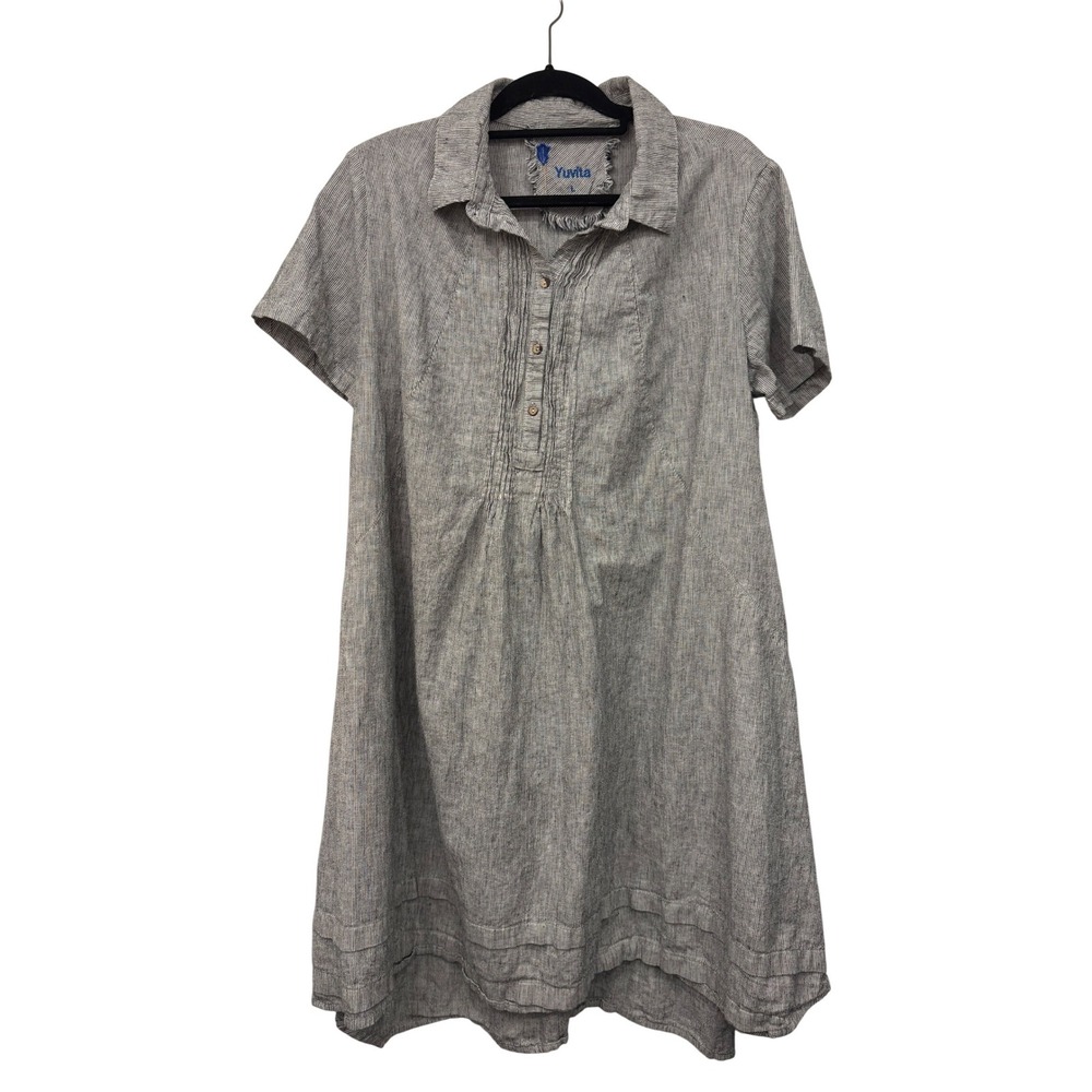 Yuvita Linen Pinstripe Shirt Dress Large Grey Pintuck Pleated Knee Length Preppy